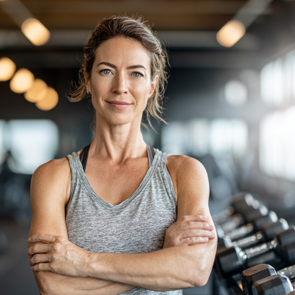 Confident athletic woman in her mid-40s wearing workout clothes, standing in a modern gym with dumbbells in the background, radiating strength and determination with a peaceful expression