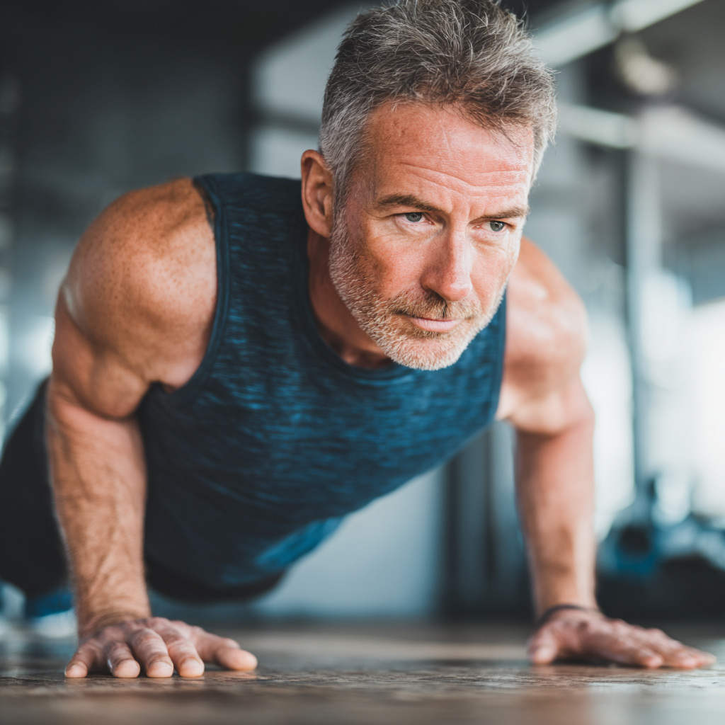 Professional businessman in his early 50s doing planks exercise in a bright fitness studio, wearing athletic clothes, showing focus and determination during workout